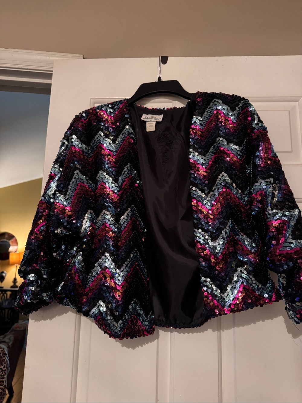 Robbie Bee Vintage Black Multicolor Sequin Chevron Cropped Blazer